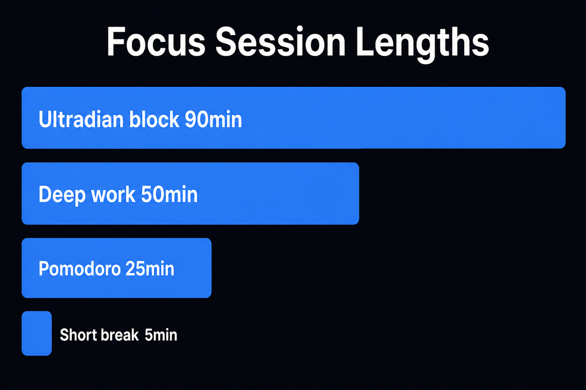 Bar chart of focus session lengths: ultradian block 90 minutes, deep work 50 minutes, Pomodoro 25 minutes, short break 5 minutes